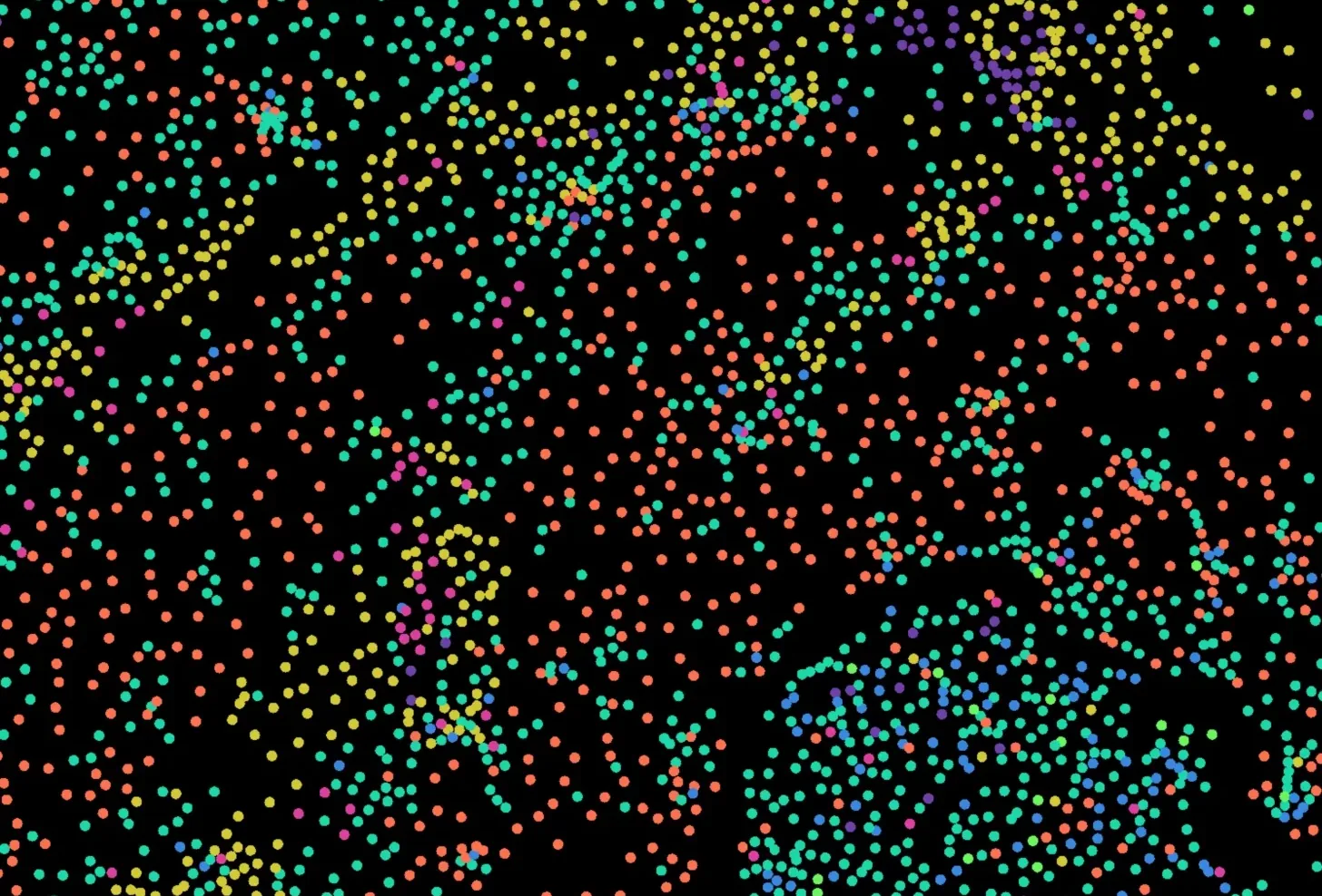 Spatial cluster map of the same tissue region, with each cell colored by its assigned cluster